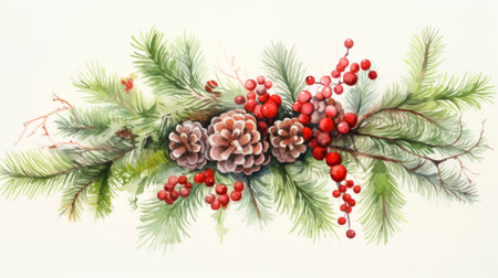 Watercolor Christmas composition with fir branches, pine cones, berries and berries. Generative AIの素材