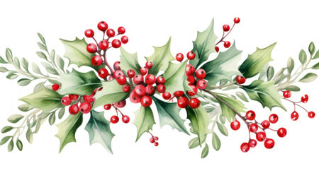 Watercolor Christmas holly branch with berries. Hand drawn illustration. Generative AIの素材