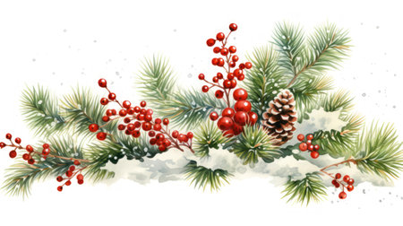 Watercolor Christmas wreath with fir branches, pine cones and rowan berries. Generative AIの素材