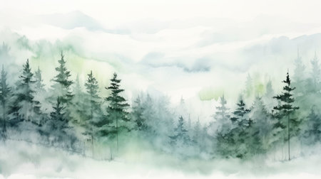 Foggy winter landscape with coniferous forest. Digital art painting. Generative AIの素材