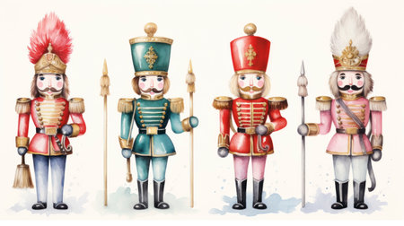 Watercolor Set of Four Nutcracker Soldiers: A Christmas Card for Winter Holidays AI Generatedの素材