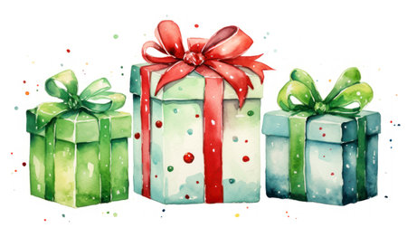 Watercolor Christmas gift boxes. Hand painted illustration isolated on white background Generative AIの素材