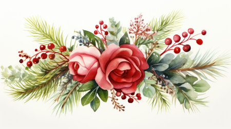 Watercolor Christmas bouquet with red roses, fir branches and berries. Hand painted illustration. Generative AIの素材