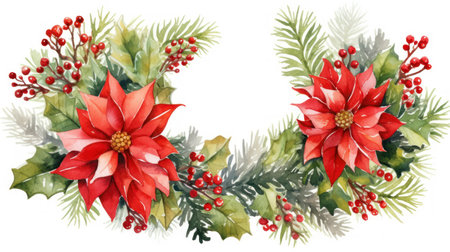 Watercolor Christmas wreaths with poinsettia, holly and berries. Generative AIの素材