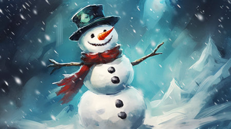 Digital painting of a snowman with red scarf and hat in the winter forest. Generative AIの素材