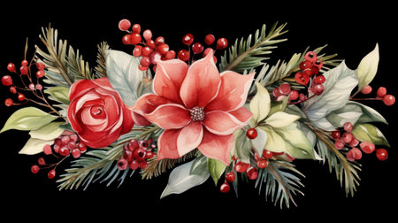 Watercolor Christmas floral bouquet with poinsettia, holly berry, eucalyptus. Hand painted illustration on black background Generative AIの素材