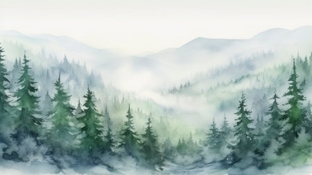 Foggy landscape with coniferous forest. Digital art painting. Generative AIの素材
