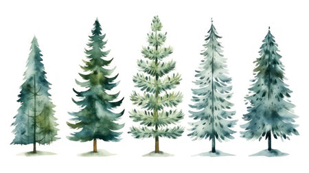 Watercolor pine trees set isolated on white background. Hand drawn illustration Generative AIの素材