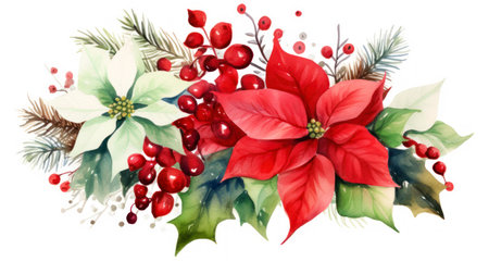 Watercolor Christmas bouquet with poinsettia, holly, fir branches and berries. Hand painted illustration isolated on white background Generative AIの素材