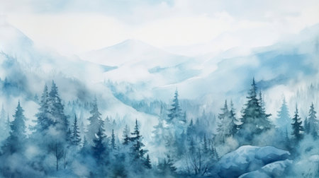 Misty Winter Hill: A Serene Watercolor Background of a Blue Landscape in a Foggy Forest AI Generatedの素材