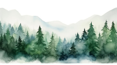 Watercolor mountain landscape with coniferous forest and fog. illustration. Generative AIの素材