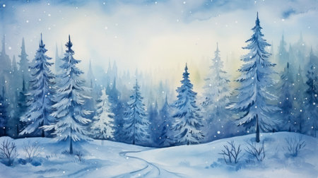 Winter forest. Winter landscape. Watercolor illustration. Christmas background. Generative AIの素材