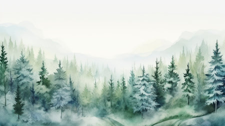 Foggy forest landscape. Watercolor painting. illustration. Generative AIの素材