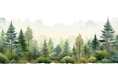 Watercolor forest background. Watercolor illustration of coniferous forest. Generative AIの素材