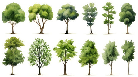 Collection of trees isolated on white background. Watercolor illustration. Vector. Generative AIの素材