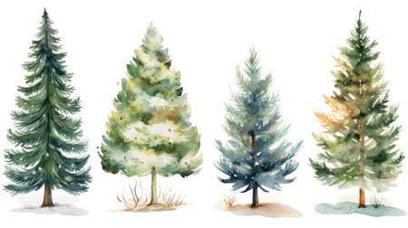 Watercolor pine trees set. Hand drawn illustration isolated on white background Generative AIの素材