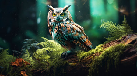 Owl sitting on a branch in the forest. 3d rendering Generative AIの素材