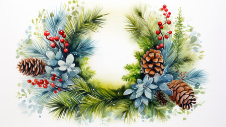 Watercolor Christmas wreath with fir branches, pine cones and berries Generative AIの素材