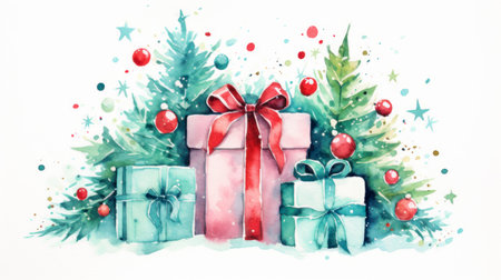 Watercolor christmas background with gift boxes and fir tree branches. Generative AIの素材