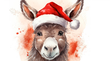 Watercolor portrait of a donkey in a Santa Claus hat. Christmas illustration. Generative AIの素材