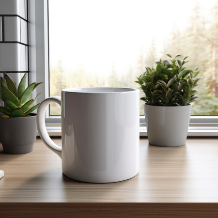 White mug mockup on wooden table in front of window. 3d render Generative AIの素材