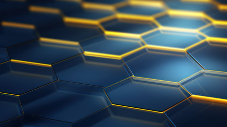 Abstract 3d rendering of hexagons in blue and yellow colors. Generative AIの素材