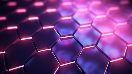 3D rendering of abstract hexagonal background with neon lights. 3D illustration Generative AIの素材