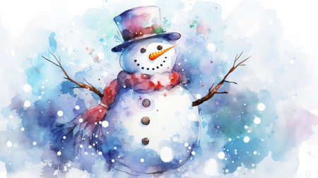 Watercolor snowman with red scarf and hat. Christmas illustration. Generative AIの素材