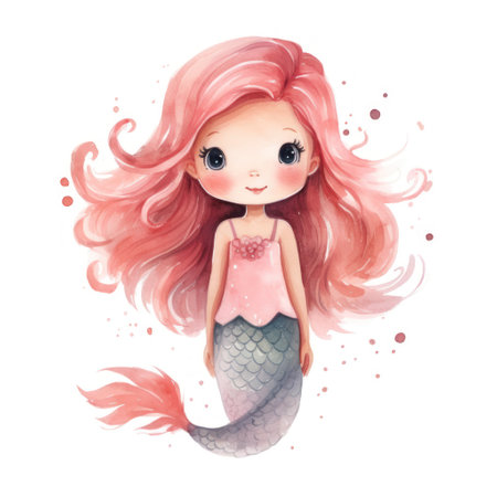 Cute watercolor mermaid with pink hair. Watercolor illustration. Generative AIの素材