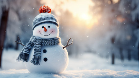 Snowman with hat and scarf in winter forest at sunset. Christmas background. Generative AIの素材