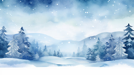 Winter landscape with fir trees and snowflakes. illustration. Generative AIの素材