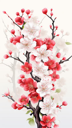 Cherry blossom tree with white flowers on light background. illustration. Generative AIの素材