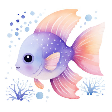 Watercolor cute cartoon fish on a white background. illustration. Generative AIの素材