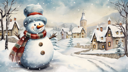 Winter village landscape with snowman. Christmas and New Year background. Generative AIの素材