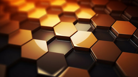 3d rendering of abstract metallic background with hexagons in orange color Generative AIの素材