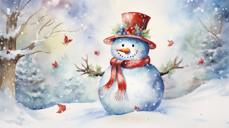 Christmas greeting card with cute snowman in winter forest. Watercolor illustration. Generative AIの素材