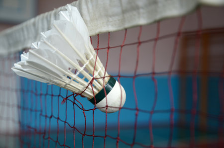 Badminton shuttlecock stuck on net. White feather shuttlecock and red badminton net, blur background. Badminton game concert.の写真素材
