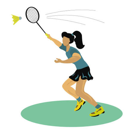 The girl is a badminton player, an athlete in sportswear beats a shuttlecock with a racket. The concept is sports activity, competition.の写真素材