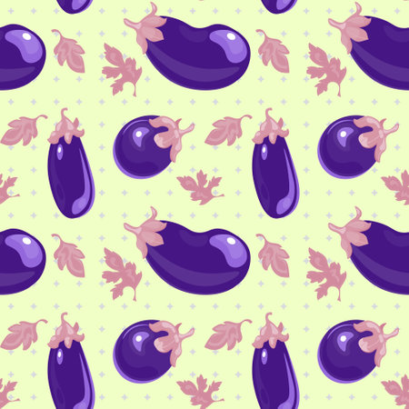 Bright and cute seamless pattern of eggplants and leaves of various shapes on a light background with geometric stars.の写真素材