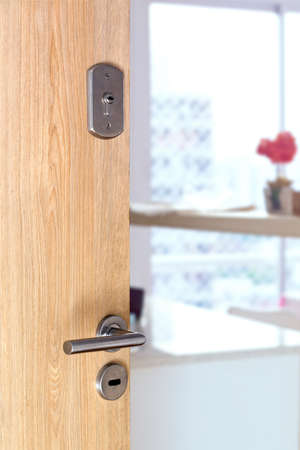 Security. Close-up of the lock in an armored door in a department. Open door of a family home.の写真素材