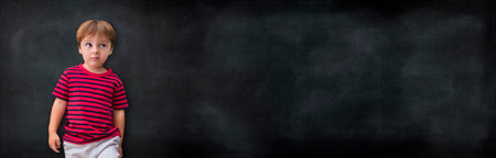 Little boy leaning against a blank blackboard, ready to be written, drawn or used as a mockup. Kid...