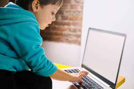 Little boy looking in amazement at a laptop.の写真素材