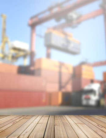Wooden deck stage in a port. For products and things. Empty rustic wood floor, platform with blurred background and copy space. Graphic resource for design and mockup.の写真素材