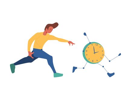Guy chasing clocks. Man chasing time concept flat vector illustratiom.のイラスト素材