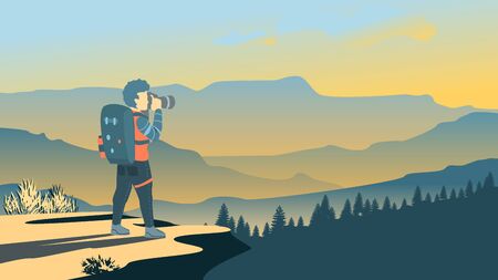 backpacker standing on top of mountain, hiking vector illustrationのイラスト素材