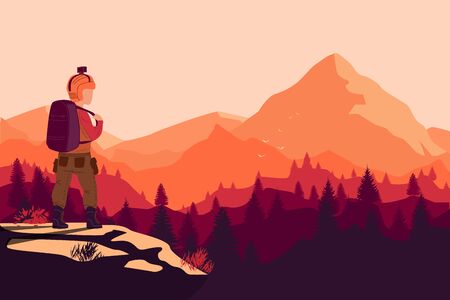 backpacker standing on top of mountain,hiking vector illustrationのイラスト素材
