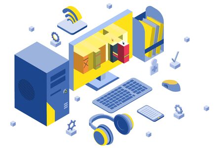 Online education isometric vector illustration. Isometric concept for PC user study.のイラスト素材