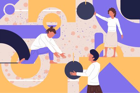 Vector business illustration, businessmen together build word teamwork, abstract design graphic, construction business project.のイラスト素材