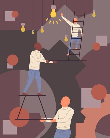 Vector business illustration, businessmen together build word teamwork, abstract design graphic, construction business project.のイラスト素材