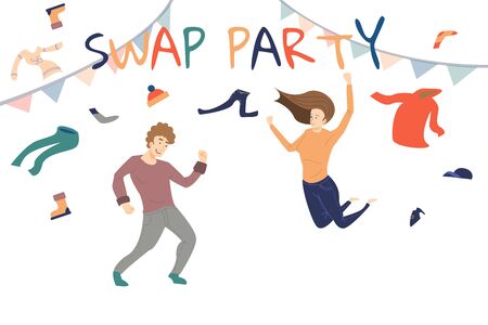 people swaping their old clothes. Clothes donation concept vector illustration. RGB vector swap party. Mindful lifestyle.のイラスト素材